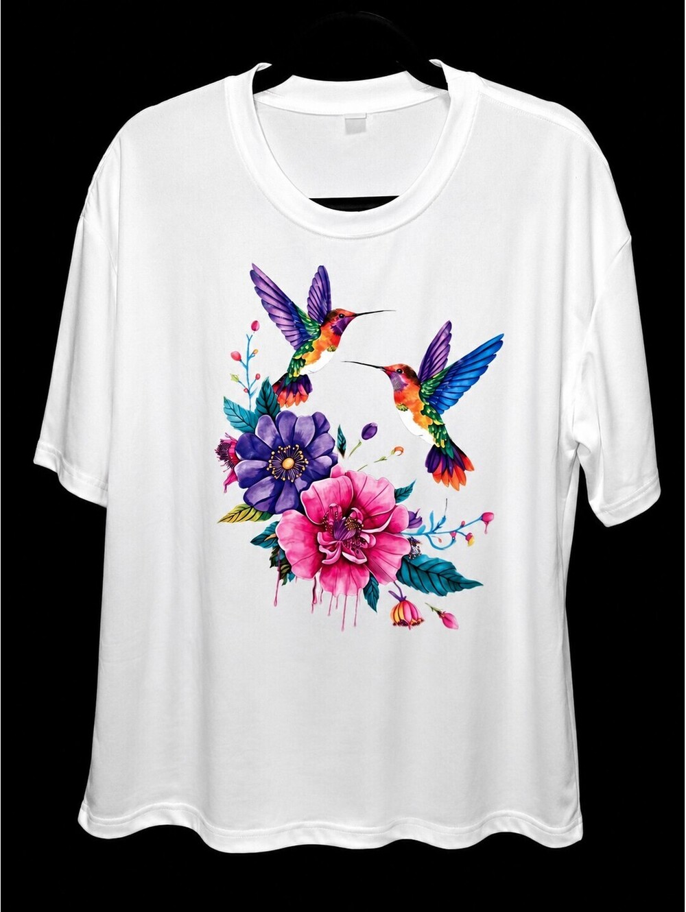 White T-Shirt with Colorful Hummingbird and Floral Print